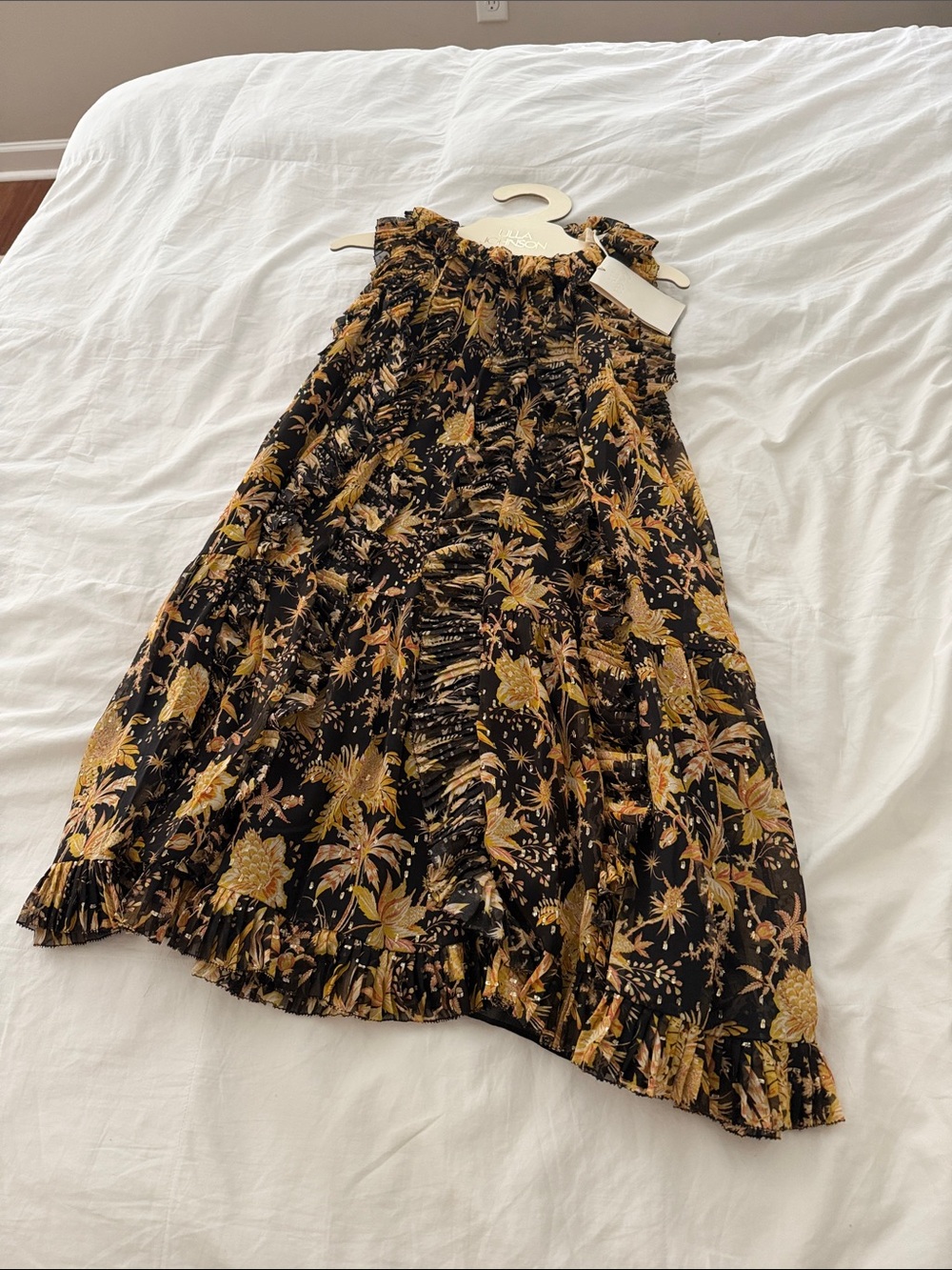 Women's Black Floral Mini Dress - Elegant Yellow Floral Print